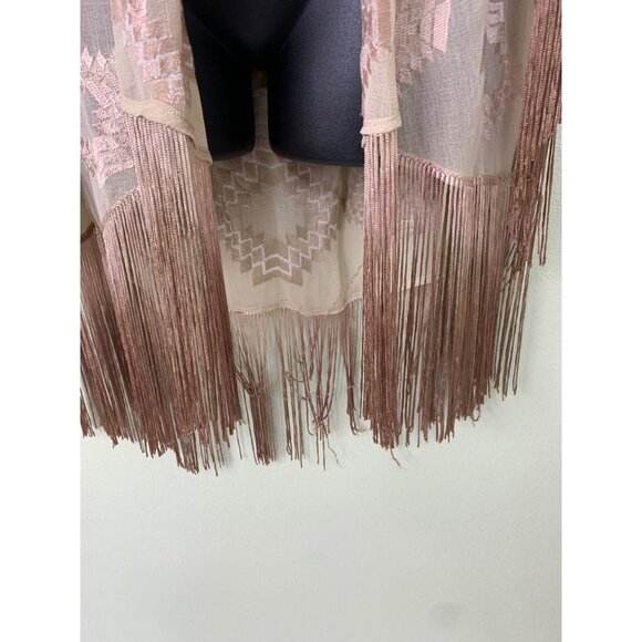 Judith March Cream Cardigan Duster With Embroidery And Brown Fringe Size Medium - Picture 7 of 15
